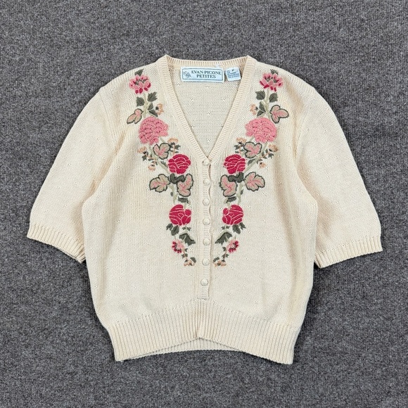 Evan Picone Sweaters - VTG Cream Short Sleeve V-Neck Cardigan Sweater Womens XS/S P Embroidered Florals